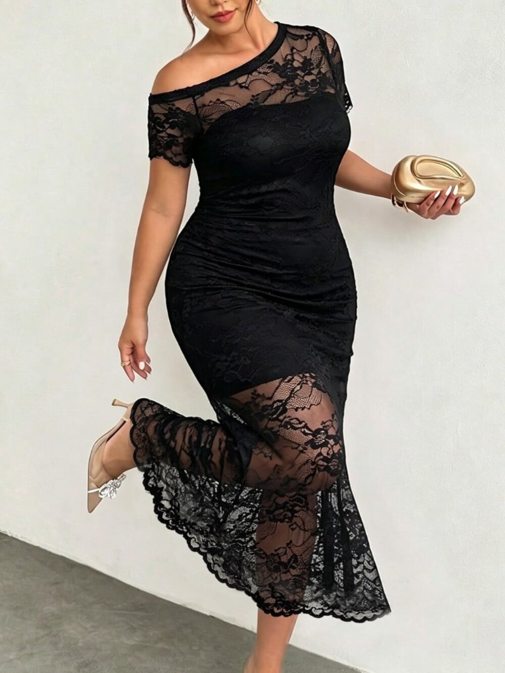 Black Elegant Women's Asymmetric Lace Mermaid Long Dress